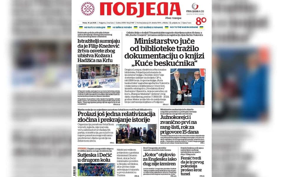 Naslovnica "Pobjede" 18. jul 2025.
