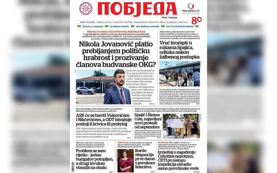 Naslovnica "Pobjede" 19. jul 2025.
