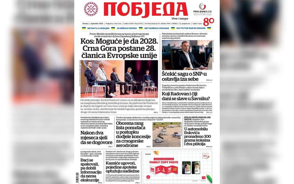 Naslovnica "Pobjede" 2. septembar 2025.