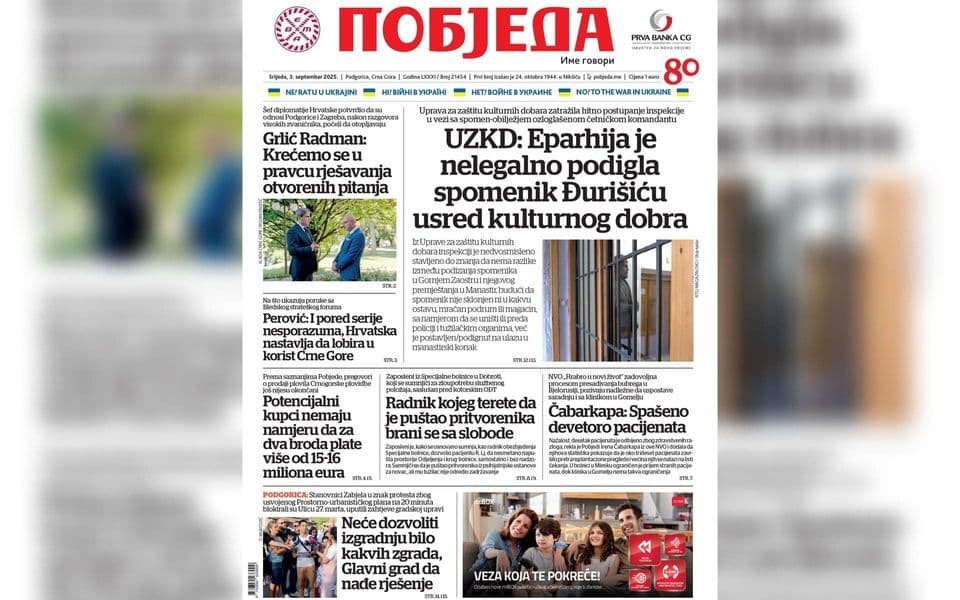 Naslovnica "Pobjede" 3. septembar 2025.