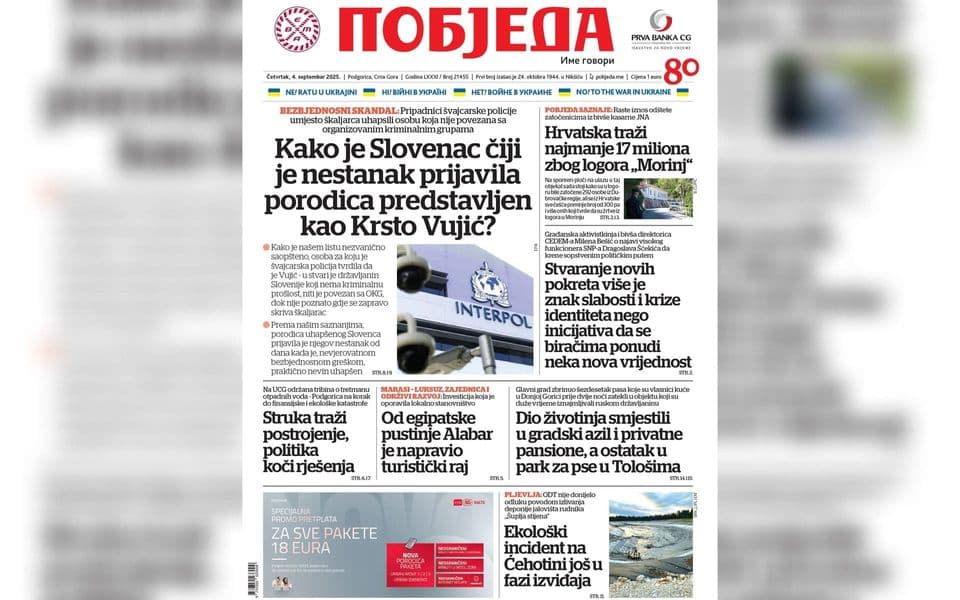 Naslovnica "Pobjede" 4. septembar 2025.