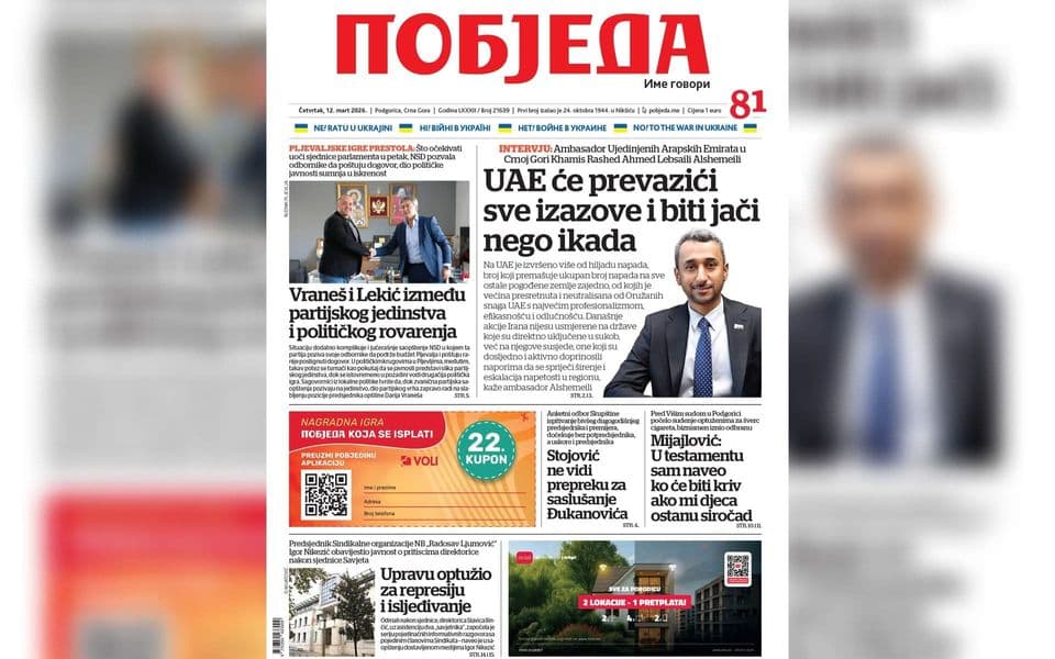 Naslovnica "Pobjede" 12. mart 2026.