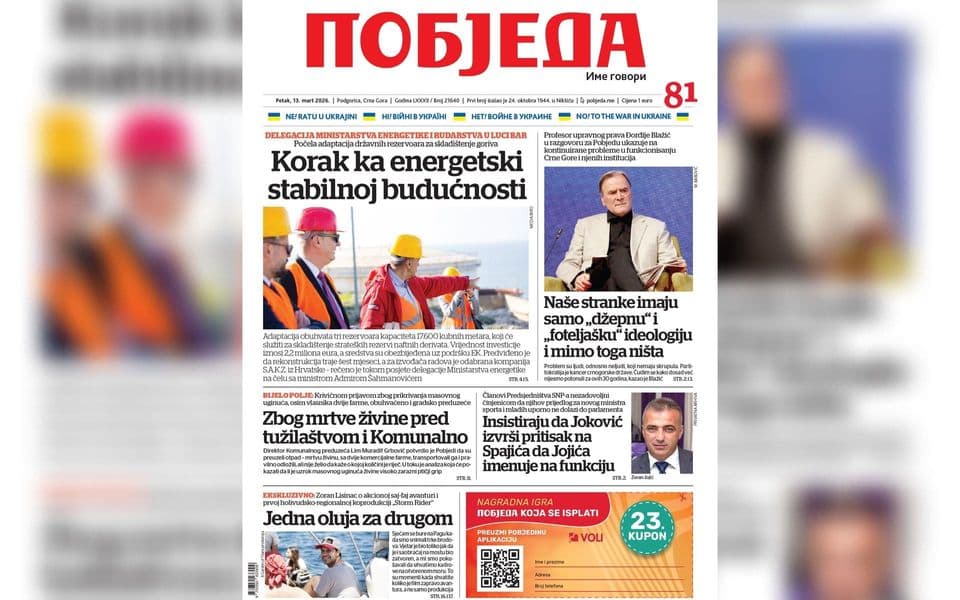 Naslovnica "Pobjede" 13. mart 2026.