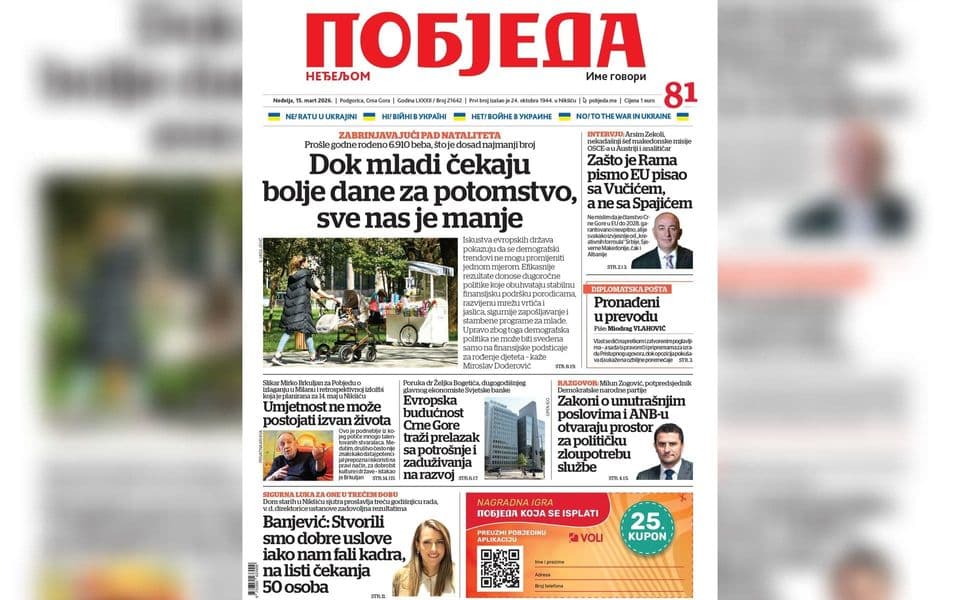 Naslovnica "Pobjede" 15. mart 2026.