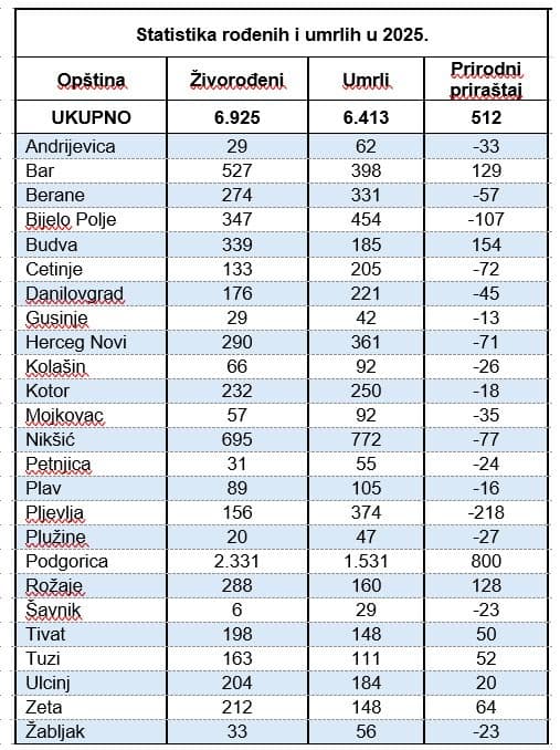 Podgorica drži trećinu nataliteta države, bijela kuga pustoši sjever 3 1776195895 tabela rodeni umrli