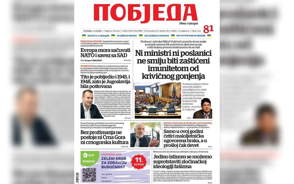 Naslovnica “Pobjede” 4. maj 2026.