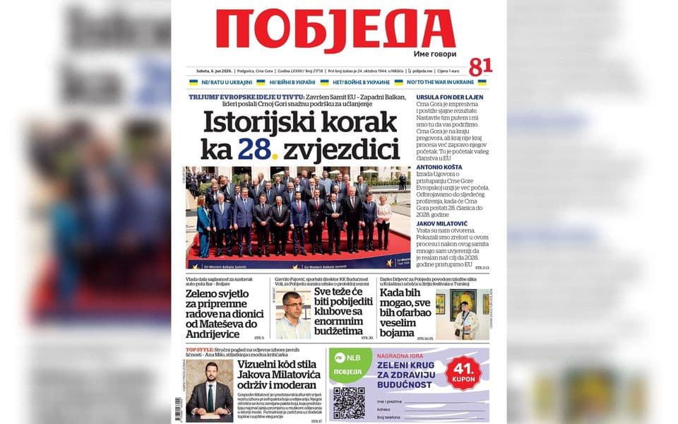 Naslovnica “Pobjede” 6. jun 2026.