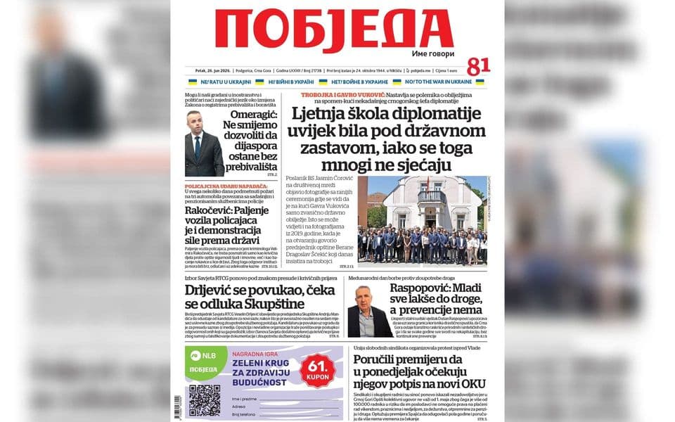 Naslovnica "Pobjede" 26. jun 2026.