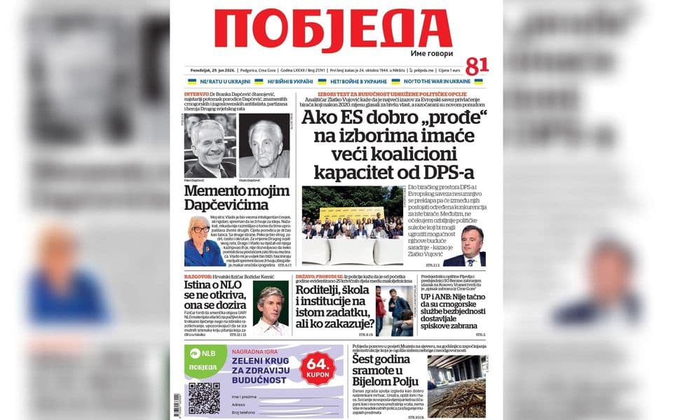 Naslovnica "Pobjede" 29. jun 2026.