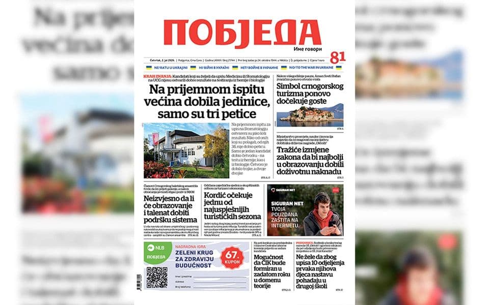 Naslovnica "Pobjede" 2. jul 2026.