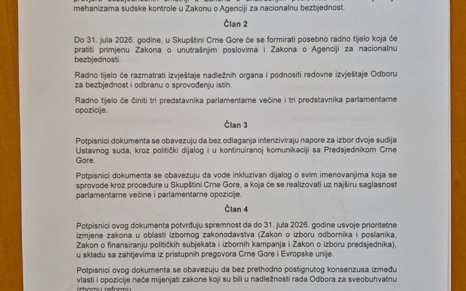 Sporazum vlasti i opozicije: Do 31. jula zakoni o ANB-u, izbornoj reformi i bezbjednosnom sektoru, do 4. septembra ustavne promjene