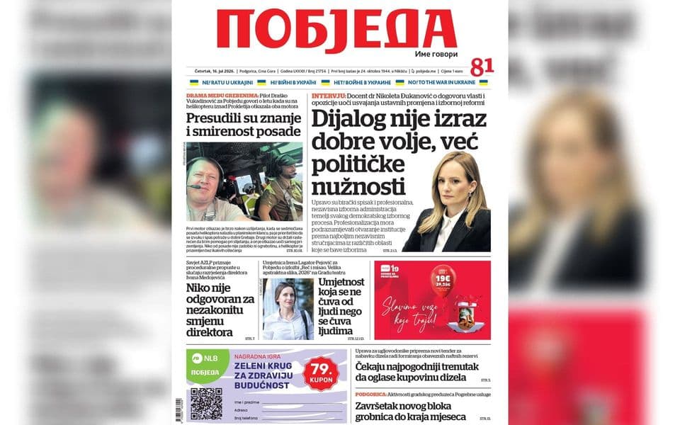 Naslovnica "Pobjede" 16. jul 2026.
