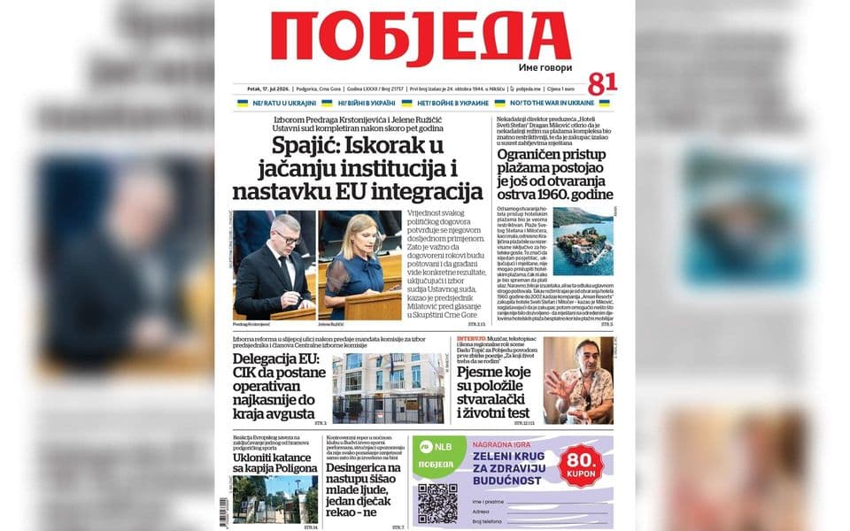 Naslovnica "Pobjede" 17. jul 2026.
