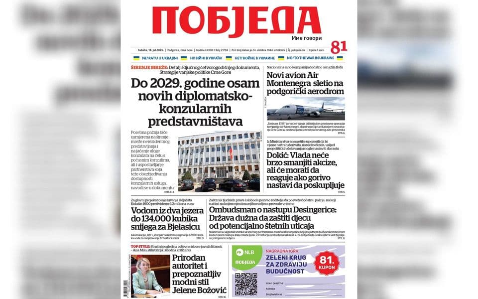 Naslovnica "Pobjede" 18. jul 2026.