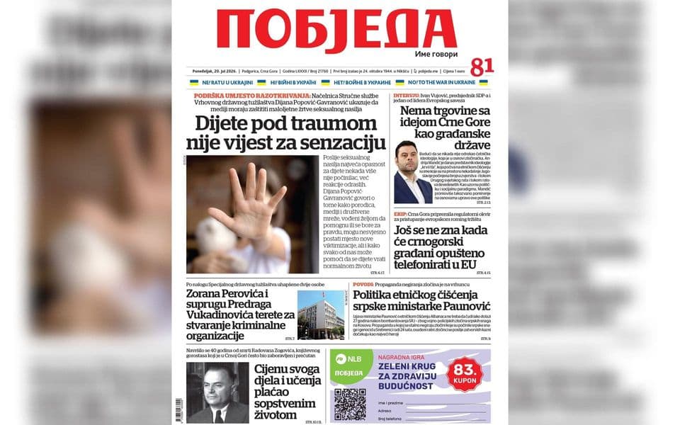 Naslovnica "Pobjede" 20. jul 2026.