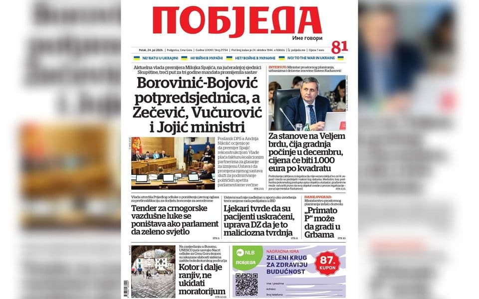 Naslovnica “Pobjede” 24. jul 2026.