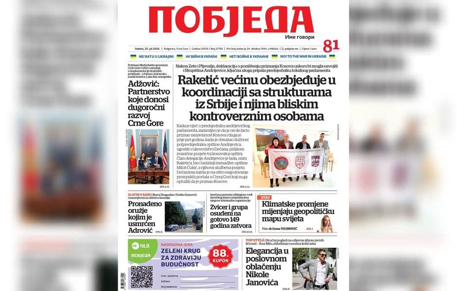 Naslovnica "Pobjede" 25. jul 2026.