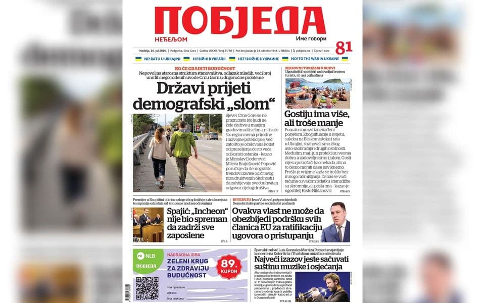 Naslovnica "Pobjede" 26. jul 2026.