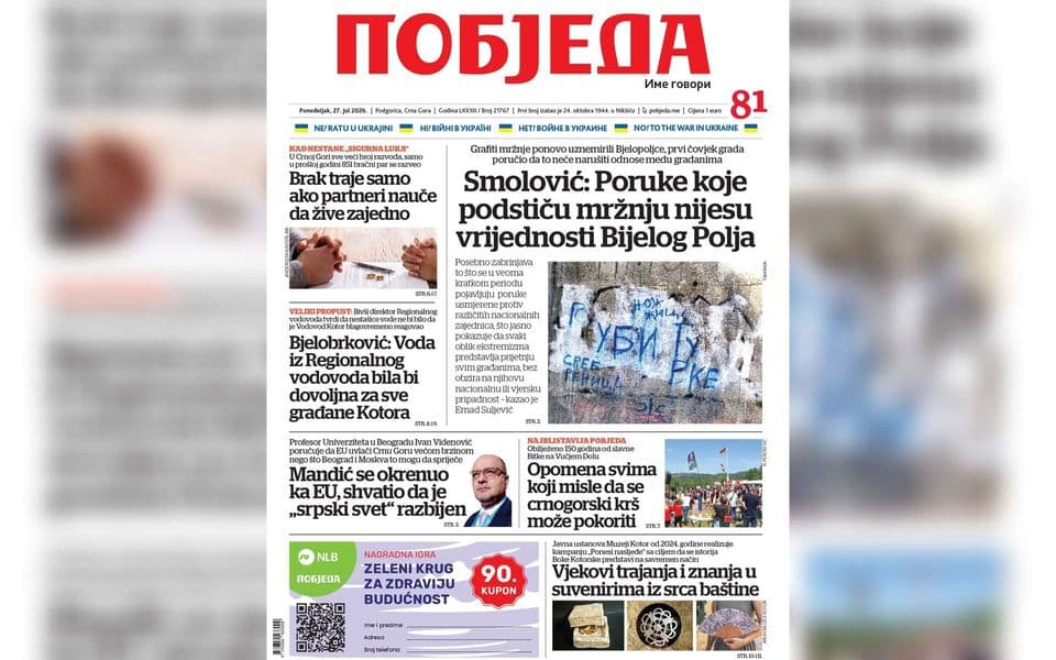 Naslovnica “Pobjede” 27. jul 2026.