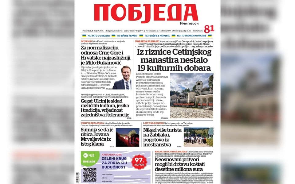 Naslovnica "Pobjede" 3. avgust 2026.