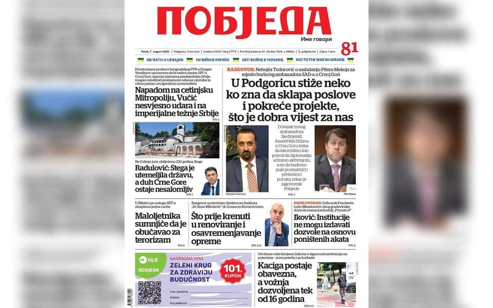 Naslovnica "Pobjede" 7. avgust  2026.