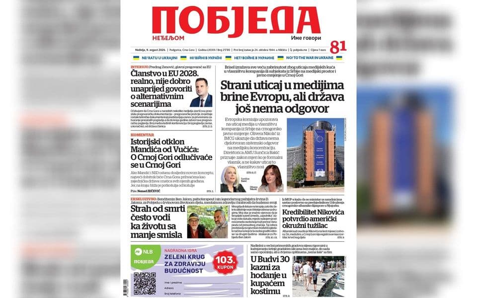 Naslovnica "Pobjede" 9. avgust 2026.