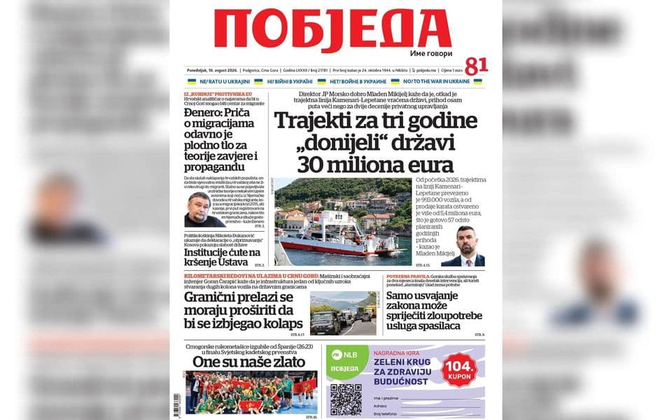 Naslovnica "Pobjede" 10. avgust 2026.