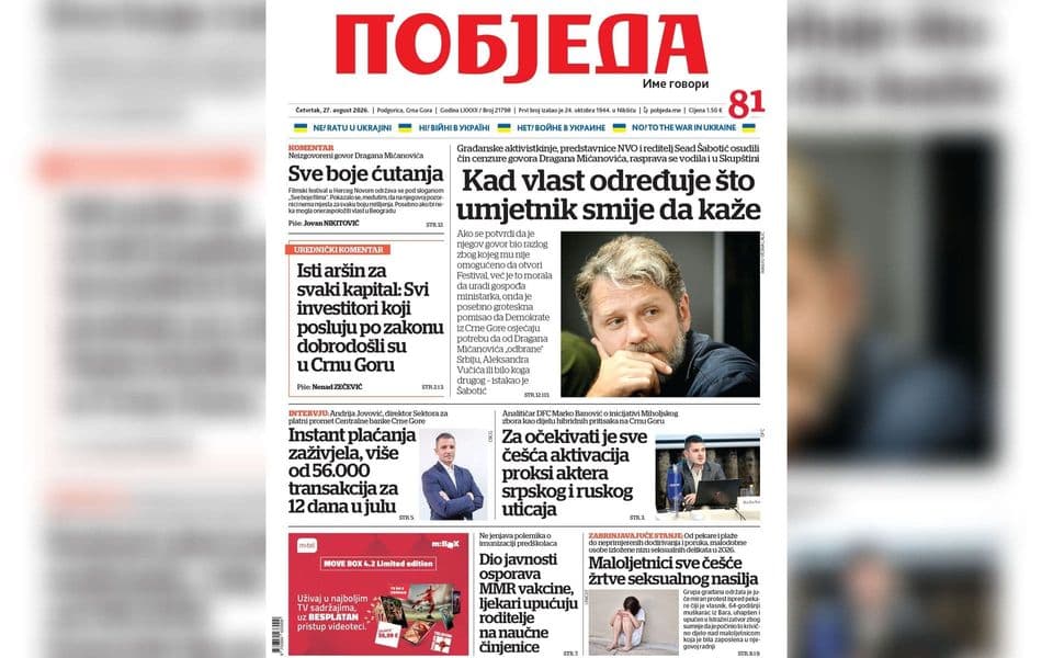 Naslovnica "Pobjede" 27. avgust 2026.
