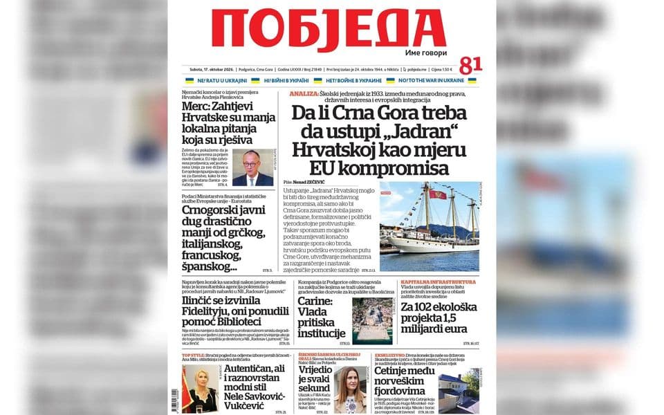 U današnjoj Pobjedi: Brod „Jadran” između međunarodnog prava, državnih interesa i integracija; Koliki je crnogorski javni dug; Botulizam i nakon tretmana u Budvi; Cetinje među norveškim fjordovima