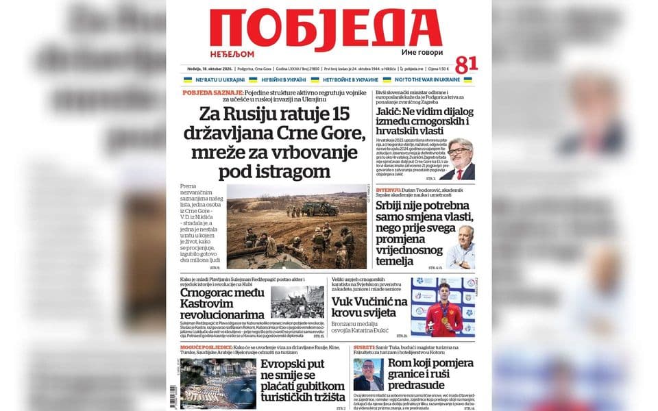U Pobjedi neđeljom: 15 državljana Crne Gore na ratištu u Ukrajini, istražuje se ko ih vrbuje i plaća; Roman Jakič tvrdi da nema dijaloga između Hrvatske i Crne Gore; Sonja Biserko kaže da ko god da pobijedi na izborima Srbiju čekaju teška vremena