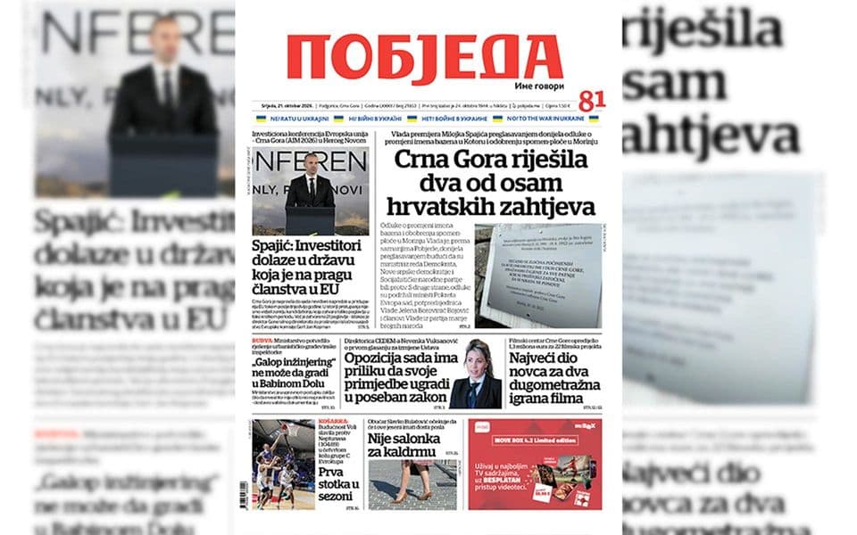 U današnjoj Pobjedi: Riješena 2 od 8 hrvatskih zahtjeva; Pohvale za Crnu Goru na investicionoj konferenciji u Herceg Novom; Direktorka CEDEM-a o prvom glasanju za izmjene Ustava